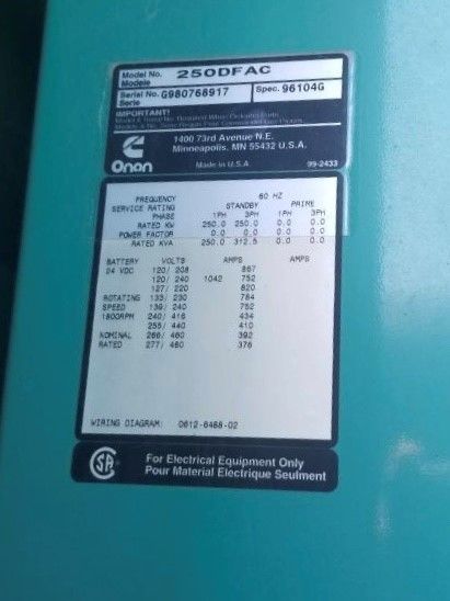 Used Cummins Onan 250kw Diesel Generator