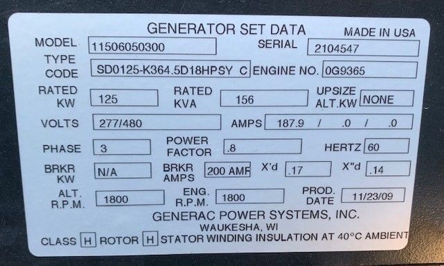 Like New Generac SD125JD-TIER3 Diesel Generator