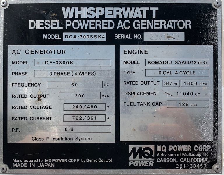 Used Multiquip DCA300 SSK4 Diesel Generator