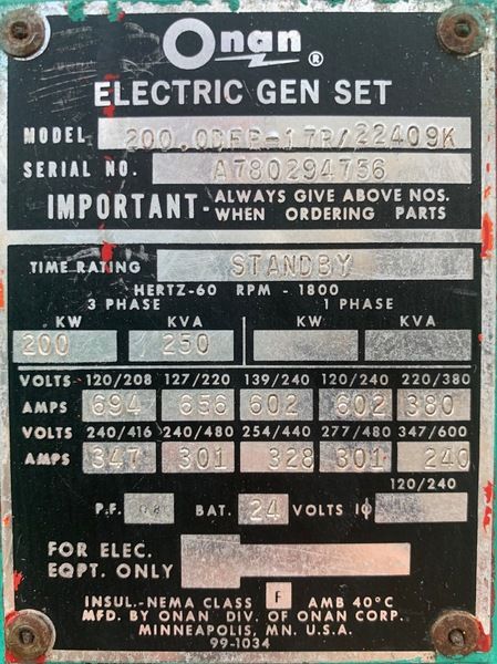 Used Cummins Onan 200kW Diesel Generator