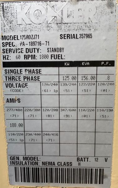  Kohler 125R0ZJ71 Diesel Generator