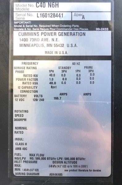 Like New Cummins 40kW NatGas Gas Generator
