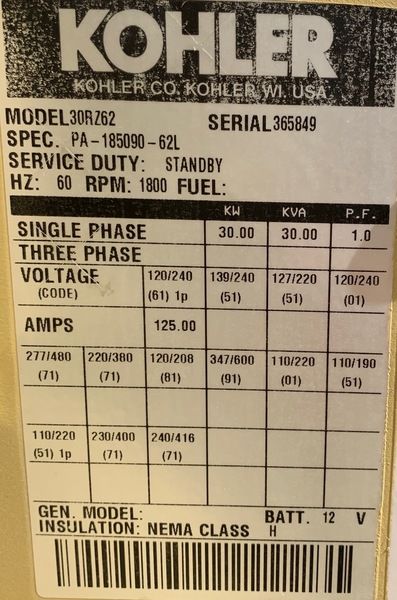 Used Kohler 30kW Gas Generator