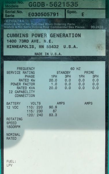 Used Cummins 20kW Gas Generator