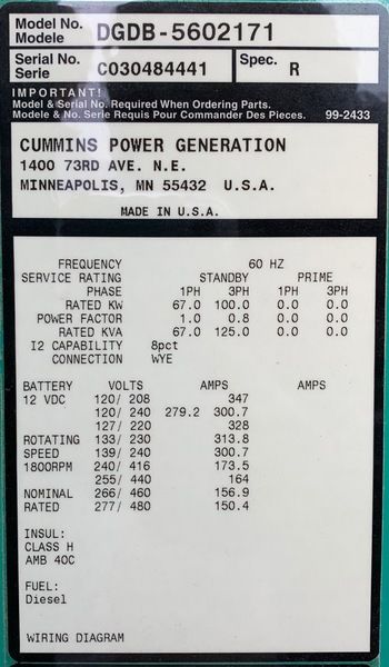  Cummins 100kW Diesel Generator