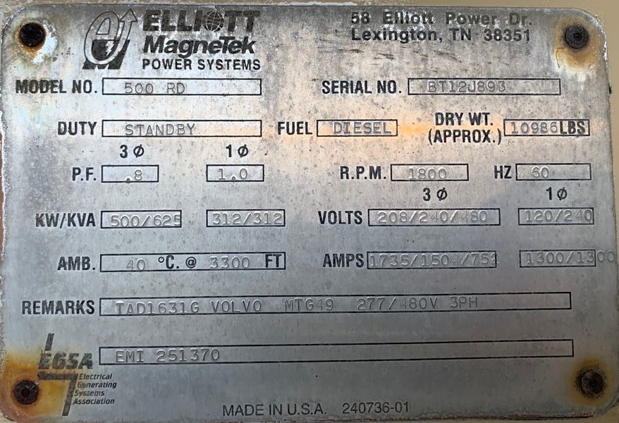 Like New Elliot MagneTek 500RD Diesel Generator