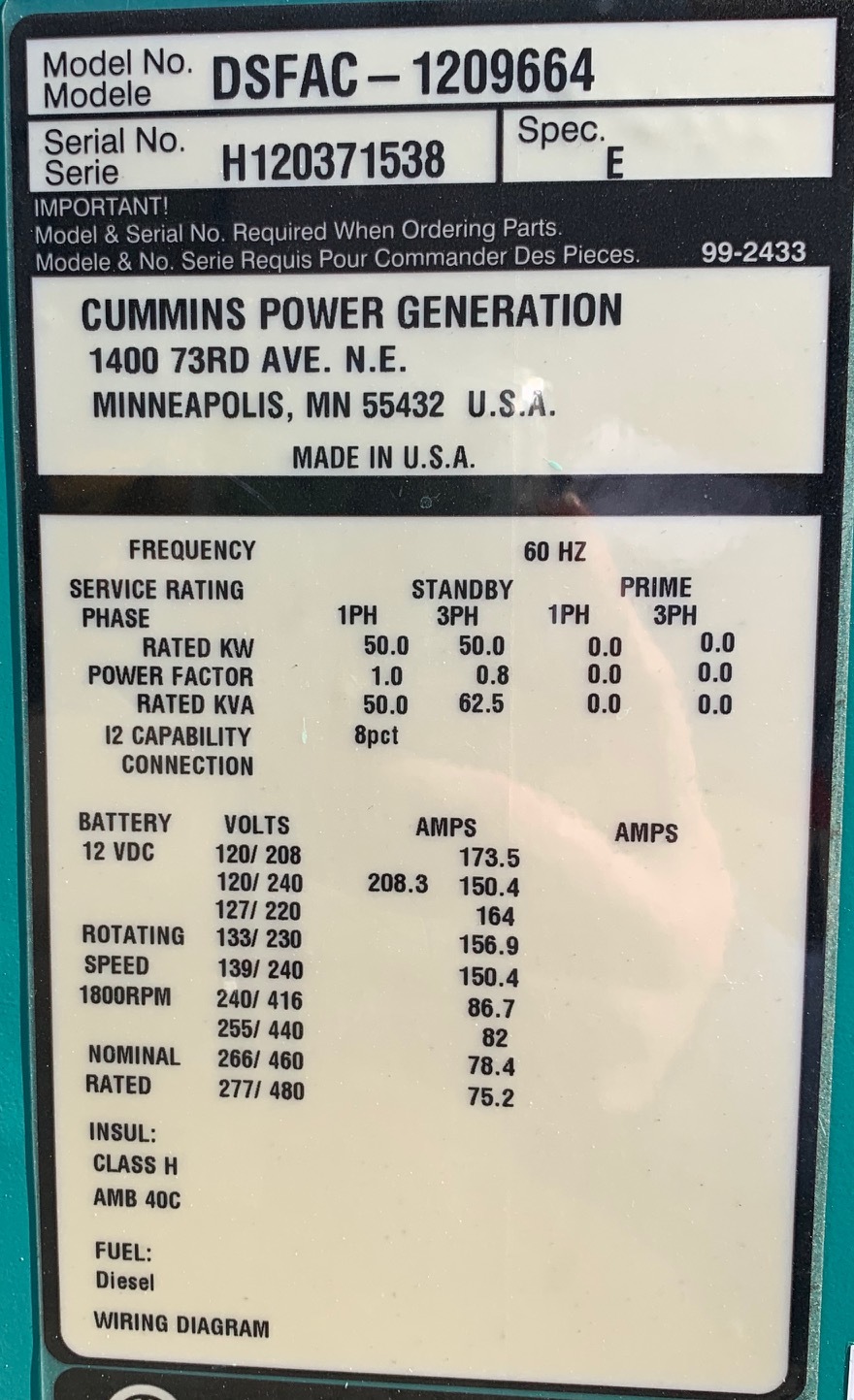 Used Cummins 50kW Diesel Generator 50 H120371538