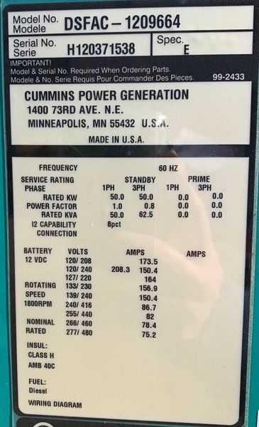 Used Cummins 50kW Diesel Generator