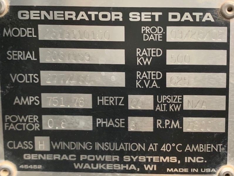Used Generac SD500 Diesel Generator