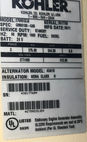 Used Kohler 275kW Diesel Generator