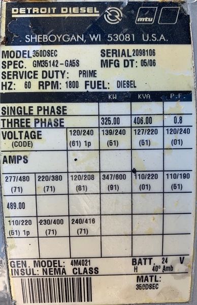 Rebuilt Spectrum 350kW Diesel Generator