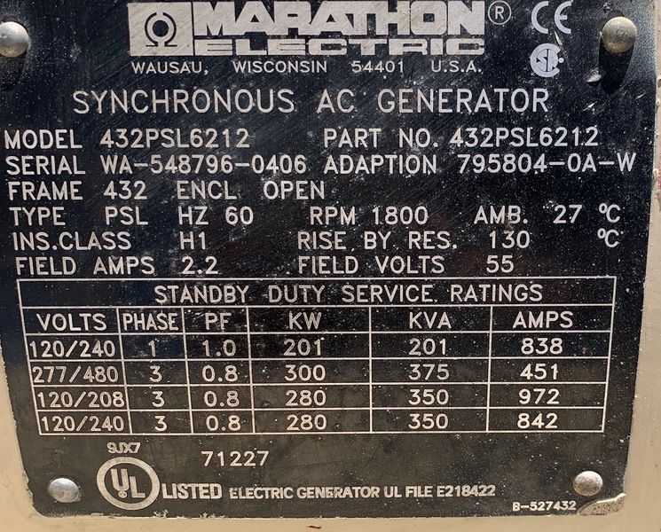 Like New Marathon Electric 300kW Generator End