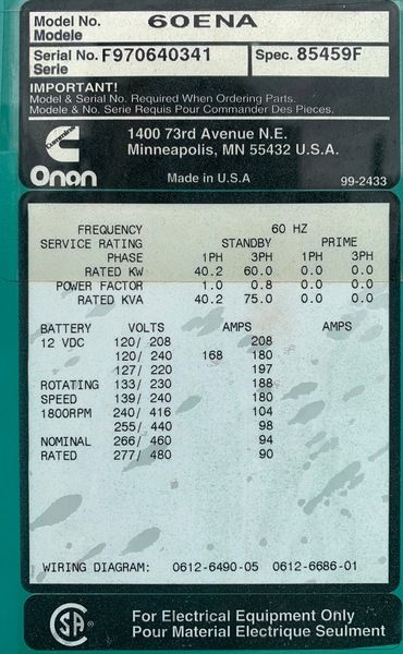Used Cummins Onan 60ENA Gas Generator