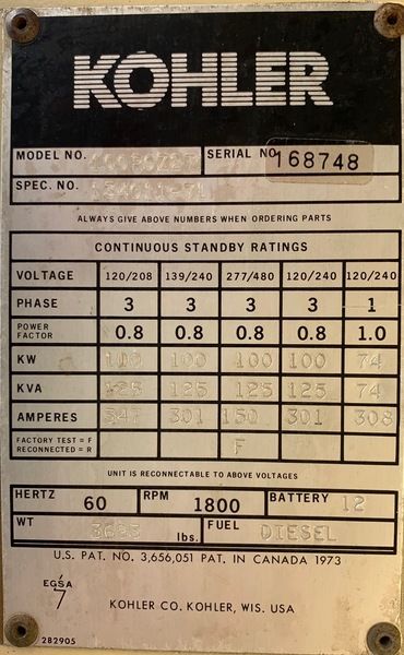 Used Kohler 100R0Z27 Diesel Generator