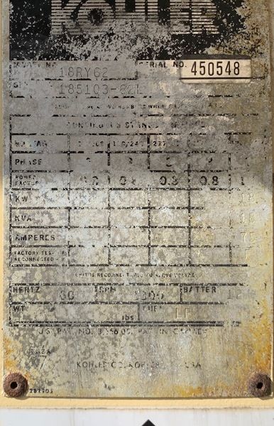 Used Kohler 18RY62 Gas Generator