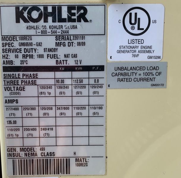 Like New Kohler 100 REZG Gas Generator