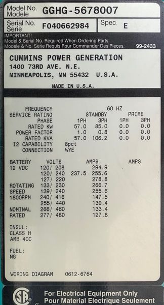 Used Cummins 85kW Gas Generator