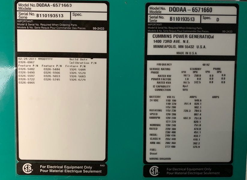 Used Cummins 250kW Diesel Generator