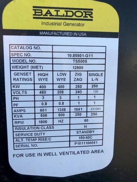 Used Baldor TS500S Diesel Generator