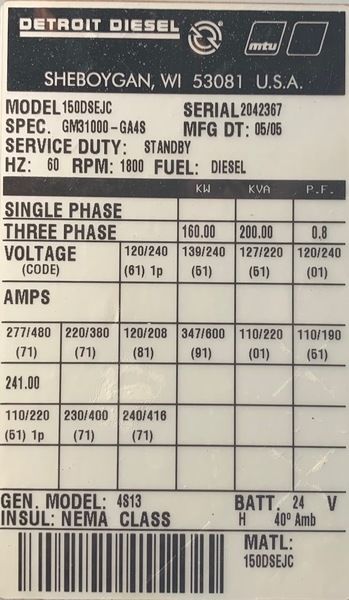 Used MTU Spectrum 150DSEJC Diesel Generator