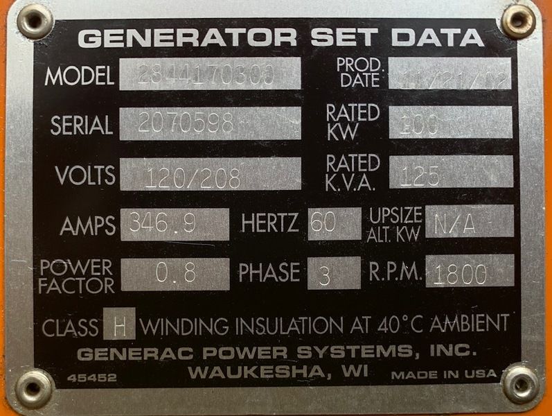 Used Generac 100kW Diesel Generator 100 2070598