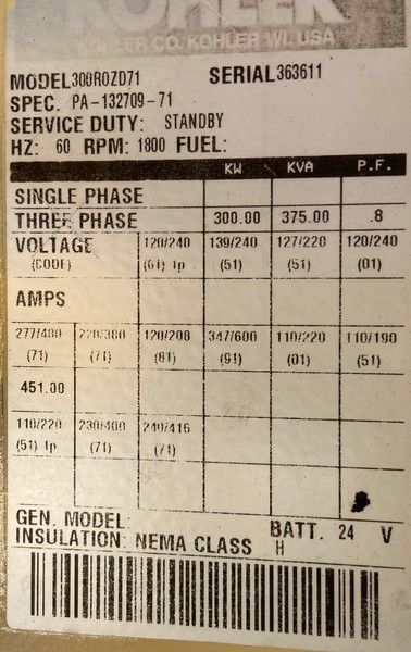 Used Kohler 300R0ZD71 Diesel Generator