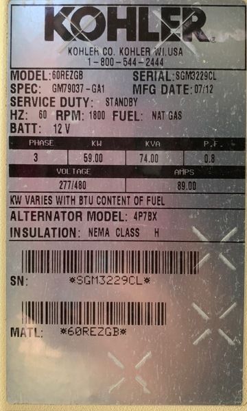 Low hours Kohler 60REZGB Gas Generator