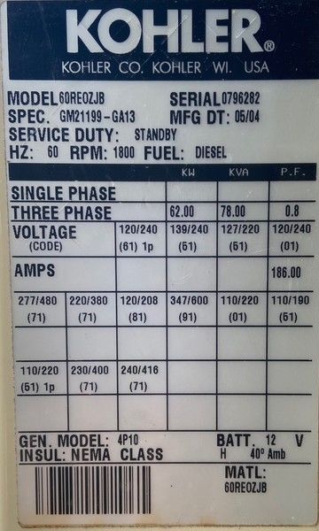 Used Kohler 60REOJB Diesel Generator