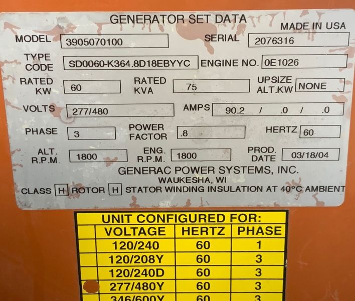 Like New Generac 3905070100 Diesel Generator