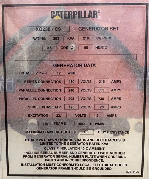 Used Caterpillar XQ230-C9 Diesel Generator