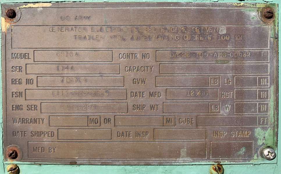 Used U.S. Army 100kW Diesel Generator