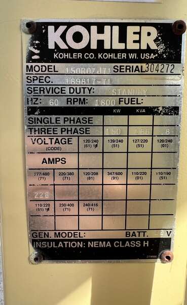 Used Kohler 150kW Diesel Generator