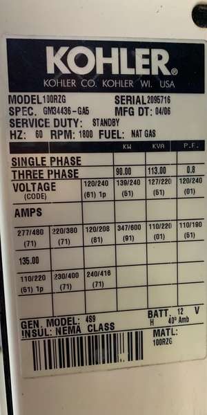 Used Kohler 100RZG Gas Generator
