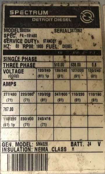 Used Kohler/Spectrum 500DS4 Diesel Generator