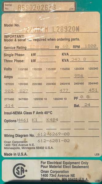 Used Onan 275DFM L28920N Diesel Generator
