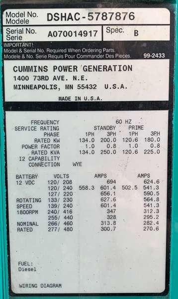 Used Cummins 200kW Diesel Generator