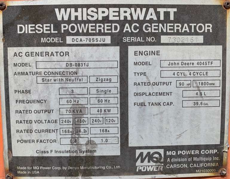 Used MultiQuip DCA70-SSJU Diesel Generator