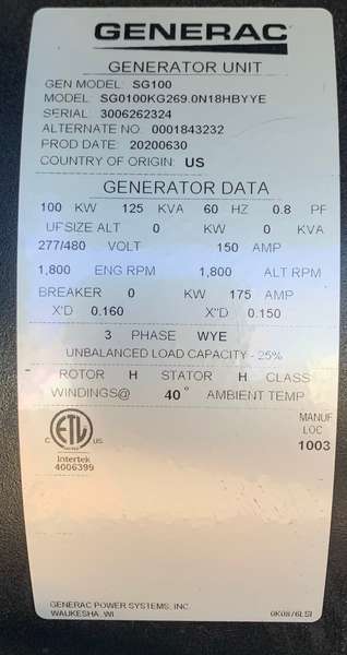 New Generac SG100 Gas Generator