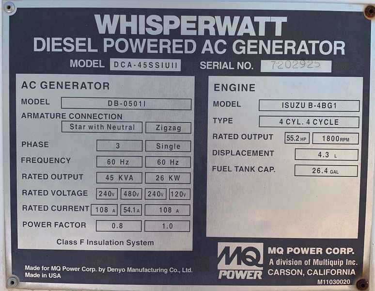 Used MultiQuip DCA-45SSIUII Diesel Generator