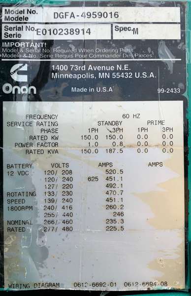 Low Hours Cummins 150kW Diesel Generator