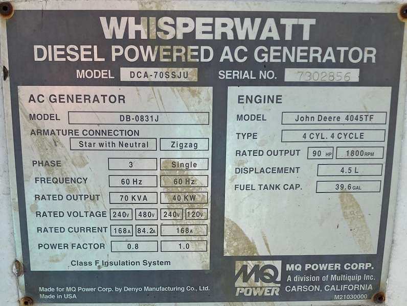 Used MultiQuip DCA70SSJU Diesel Generator