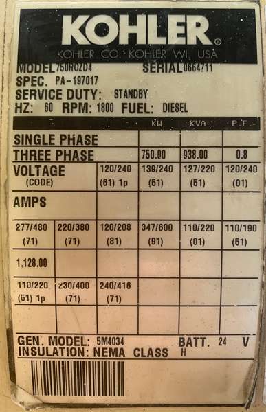 Low Hours Kohler 750ROZD4 Diesel Generator