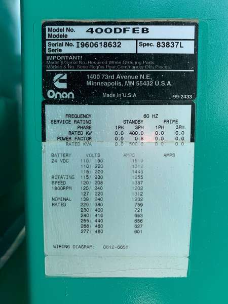 Low Hours Cummins 400DFEB Diesel Generator