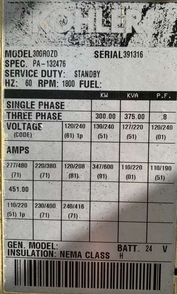 Used Kohler 300ROZD Diesel Generator