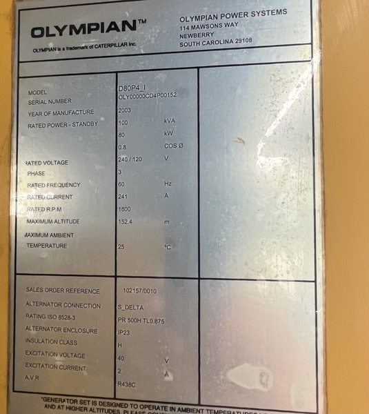 Low Hours Caterpillar Olympian D80P4 Diesel Generator