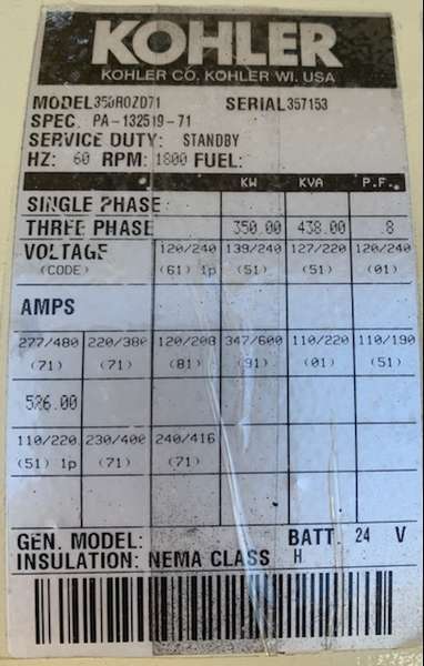 Used Kohler 350ROZD71 Diesel Generator