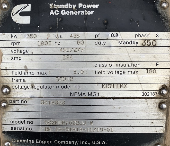 Low Hours Cummins 350kW Diesel Generator
