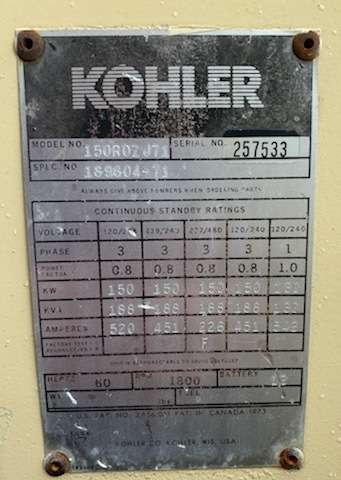 Used Kohler 150ROZJ71 Diesel Generator