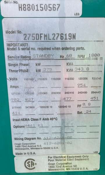 Used Cummins 275kW Diesel Generator