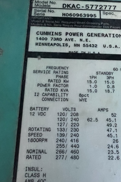Low hours Cummins Onan 15kW Diesel Generator